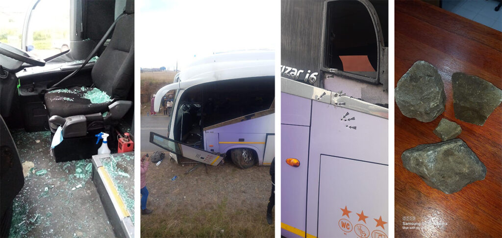 Photographs showing scenes from some of the violent attacks on Intercape buses across South Africa.