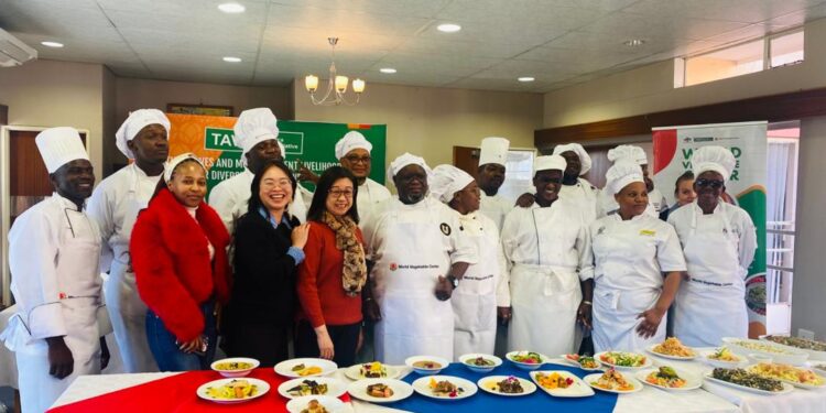 Participating chefs pose for a group photo following the vegetable cooking competition held at the Eswatini Culinary Centre.