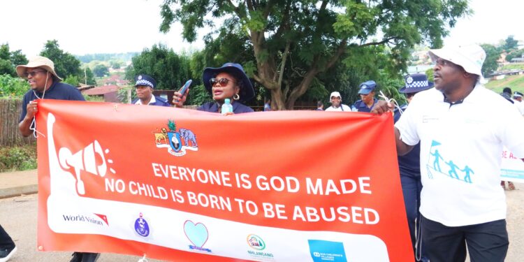 Stakeholders from World Vision, the Deputy Prime Minister's Office, and other partners march through Nhlangano on April 10, 2025, to raise awareness and demand zero tolerance for gender-based violence and violence against children in Eswatini.