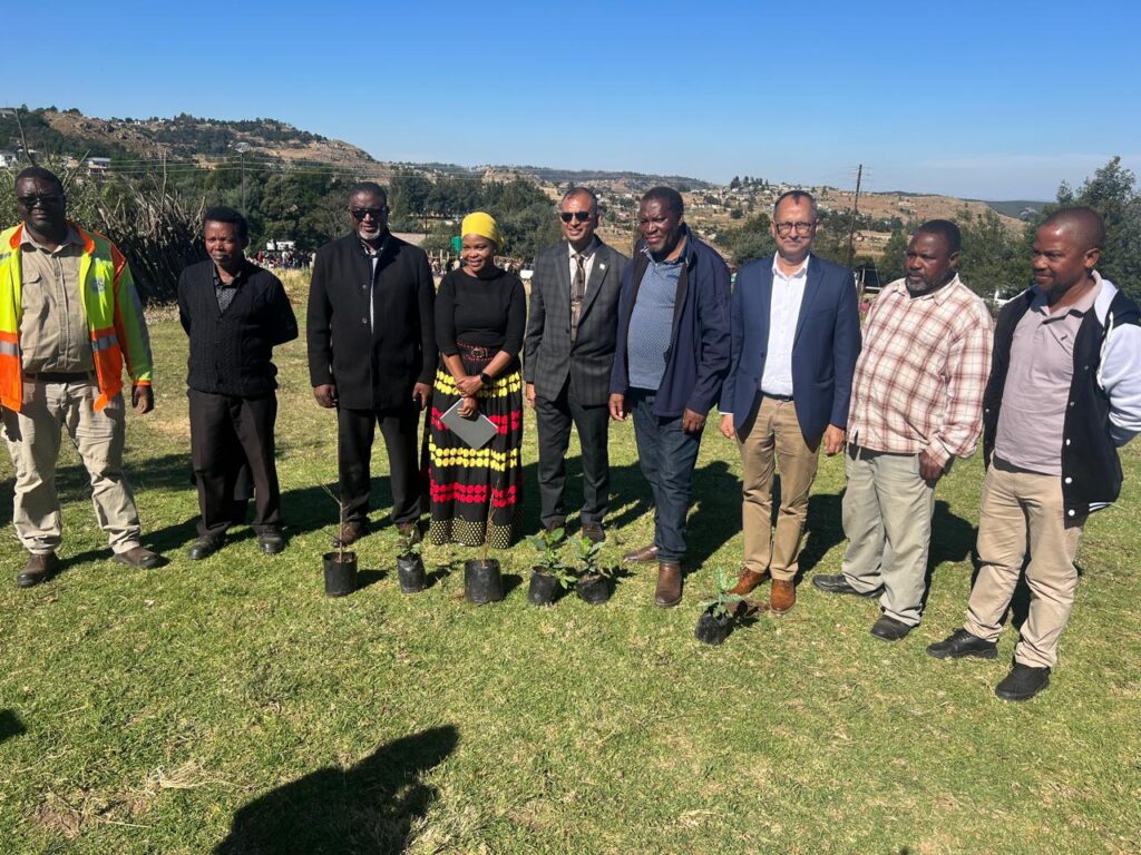 High Commissioner Ram Prasad, accompanied by Head of Chancery Mr. Ajay Sharma, with local community leaders including Chief Zembe Dvuba and Motshane Member of Parliament Mr. Wilton Nkambule at the tree planting event in Mpolonjeni. (Photo Credit: High Commission of India in Mbabane, Eswatini)