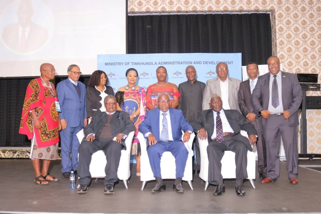 Chief Dambuza, Dr. Mathendele Dlamini, and Professor Kwamena Ahwoi engage participants during Day 1 of the Eswatini Local Government Conference, where discussions centred on the Tinkhundla system, decentralisation, and democratic participation.