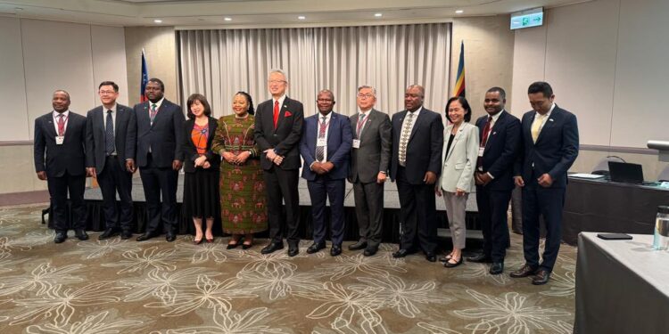 Minister of Commerce, Industry and Trade Manqoba Khumalo (centre) with members of the Eswatini delegation during the investment meeting at Shangri-La Hotel in Taipei, where the exclusive industrial park deal was confirmed.