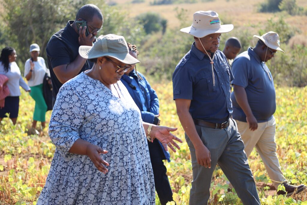 Deputy Prime Minister Thuli Dladla with EWADE CEO Samson Sithole during a visit to Paradise Farm, Shiselweni, under the Hamba Ubuye food security initiative.