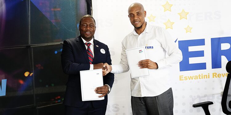 ERS Commissioner General Brightwell Nkambule and ESTVA officials during the signing of the MoU to digitise TV import permits at the ERS Headquarters in Mbabane.