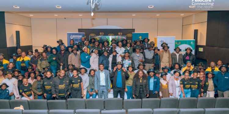 Lead farmers from all four regions of Eswatini pose with officials from MTN Eswatini, NAMBoard, EIPA, and the Ministry of ICT after a digital empowerment training session in Lobamba.