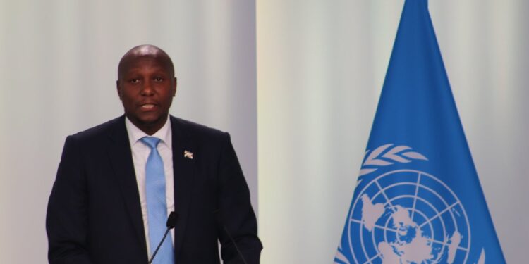 Prime Minister Russell Mmiso Dlamini addresses the 3rd United Nations Ocean Conference in Nice, France. He spoke on behalf of His Majesty King Mswati III, detailing Eswatini's ecological and economic ties to the world's oceans.