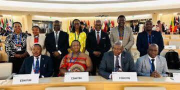 Labour Minister Phila Buthelezi (center) leads Eswatini's delegation at the 112th International Labour Conference in Geneva