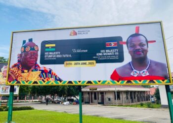 A giant billboard in Kumasi welcomes His Majesty King Mswati III alongside His Majesty Otumfuo Osei Tutu II, celebrating the unity between the Kingdom of Eswatini and the Asante Kingdom. Photo: Supplied