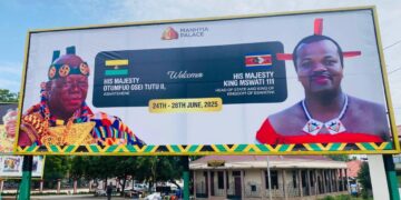 A giant billboard in Kumasi welcomes His Majesty King Mswati III alongside His Majesty Otumfuo Osei Tutu II, celebrating the unity between the Kingdom of Eswatini and the Asante Kingdom. Photo: Supplied