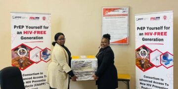 FLAS Executive Director Patrick Dlamini and Ministry of Health Programme Manager Sindi Matse receive the CAB-LA donation from the International Planned Parenthood Federation at the FLAS Head Office in Mbabane.