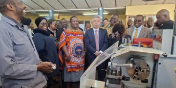 Minister of Labour and Social Security Phila Buthelezi, accompanied by the Ambassador of the Republic of China (Taiwan) to Eswatini, hands over trade testing equipment to officials from VOCTIM and ECOT as part of efforts to strengthen technical training and vocational certification.