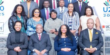 Mayor of Mbabane Thulani Mkhonto with Executive Mayor of Tshwane Dr. Nasiphi Moya, Executive Mayor of Johannesburg Dada Morero, South Africa’s Deputy Minister of CoGTA Dr. Namane Dickson Masemola, and fellow African mayors during the U20 Sherpa Meeting and African Mayors Assembly in Gauteng.