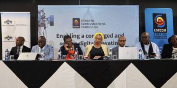 Panelists from SADC Member States, CRASA, ITU, GSMA, and ESCCOM seated at the high table during the opening session of the SADC Broadband Development and Targets 2030 Workshop held in Mbabane.