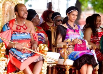 His Majesty King Mswati III and Inkhosikati LaMagongo seated among dignitaries at the Manhyia Palace during the colourful Durbar celebration in Kumasi, Ghana.