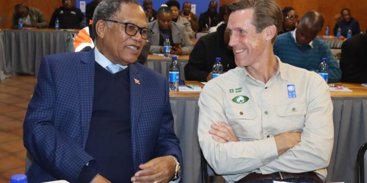 Former Prime Minister and Shiselweni Regional Administrator, Themba Masuku, pictured with UNDP Resident Representative, Henrik Franklin, during the fire preparedness and disaster response meeting in Nhlangano.