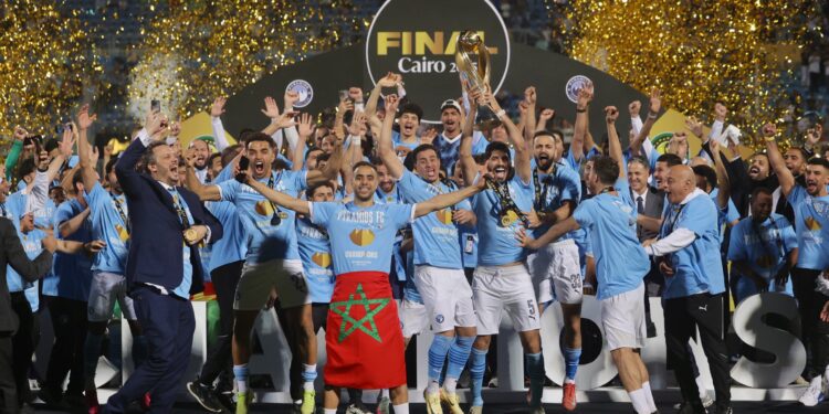 Pyramids players celebrate their historic CAF Champions League win over Mamelodi Sundowns at the 30 June Stadium in Cairo.