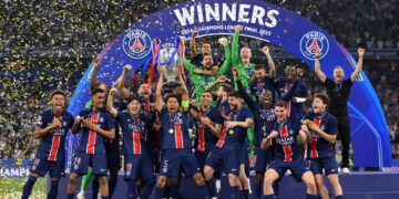 PSG lifting their first Champions League trophy