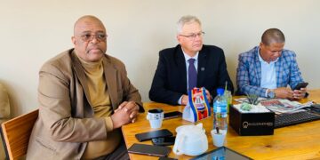 Skyfly Technologies Chairperson Lufto Dlamini and Akata Holdings Chairperson Alwyn Steenkamp seated side by side during the announcement of their electric vehicle assembly partnership in Mbabane on Thursday.