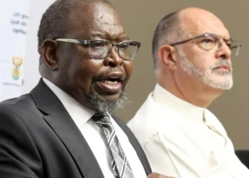Finance Minister Enoch Godongwana and SARS Commissioner Edward Kieswetter during a media briefing.