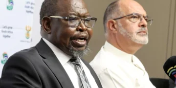 Finance Minister Enoch Godongwana and SARS Commissioner Edward Kieswetter during a media briefing.