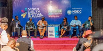 A dynamic group of innovators and thought leaders at the 2025 Niger Delta Digital Summit: Aaron Esumeh, Co-Founder of Hardware Garage; Olusegun Ekundayo, HUB Manager at CTEC; Tosin Bukun-Joseph, Founder & CEO of SYL Multimedia; Enyie Peter Kere, MD of Tomkey Integrated Services; Prof. Olufemi M. Adesope from the Department of Agricultural Extension and Development Studies, Uniport; and Stella Justin, Founder of Kedrus Academy.