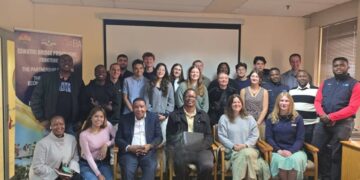 Under Secretary Siboniso Masilela and Microprojects Director Sibusiso Mbingo welcome 14 engineering students from the United States who will spend eight weeks in Hosea constructing the Nyakuza Footbridge, a project connecting three rural communities.