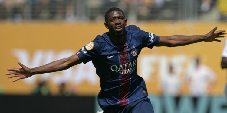 Paris Saint-Germain's Ousmane Dembele celebrates scoring during the FIFA Club World Cup semifinal football against Real Madrid at the MetLife stadium in East Rutherford, New Jersey on July 9, 2025. © Juan Mabromata, AFP