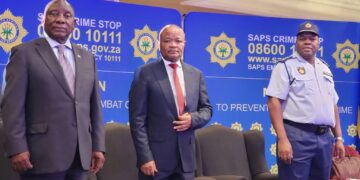 President Cyril Ramaphosa, Police Minister Senzo Mchunu, National Police Commissioner General Fannie Masemola