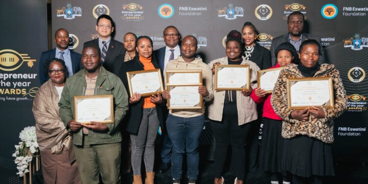 Winners of the 2025 Entrepreneur of the Year Awards (EYA) in Shiselweni pose with their trophies after a ceremony recognising outstanding local businesses. Photo: SEDCO