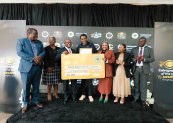 Group photo during the presentation of the Overall Outstanding Winner, DJD Pork, at the Lubombo Entrepreneur of the Year Awards 2025. Pictured are representatives from the Ministry of Commerce, FNB Eswatini, the FNB Foundation, and fellow award recipients.