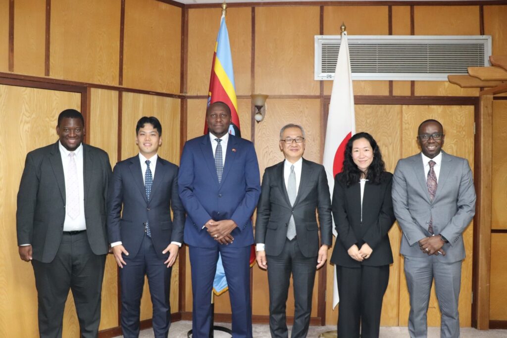 Prime Minister Russell Mmiso Dlamini stands with Japanese Ambassador H.E. Shimizu Fumio, members of the Japanese delegation, and senior Eswatini government officials after a diplomatic engagement at the Cabinet Offices in Mbabane.