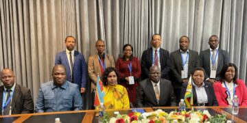 Acting Minister Lindiwe Mbingo meets with Zimbabwe’s Minister of Energy, July Moyo, during the SADC Joint Meeting for Ministers Responsible for Energy and Water at Rainbow Towers in Harare.