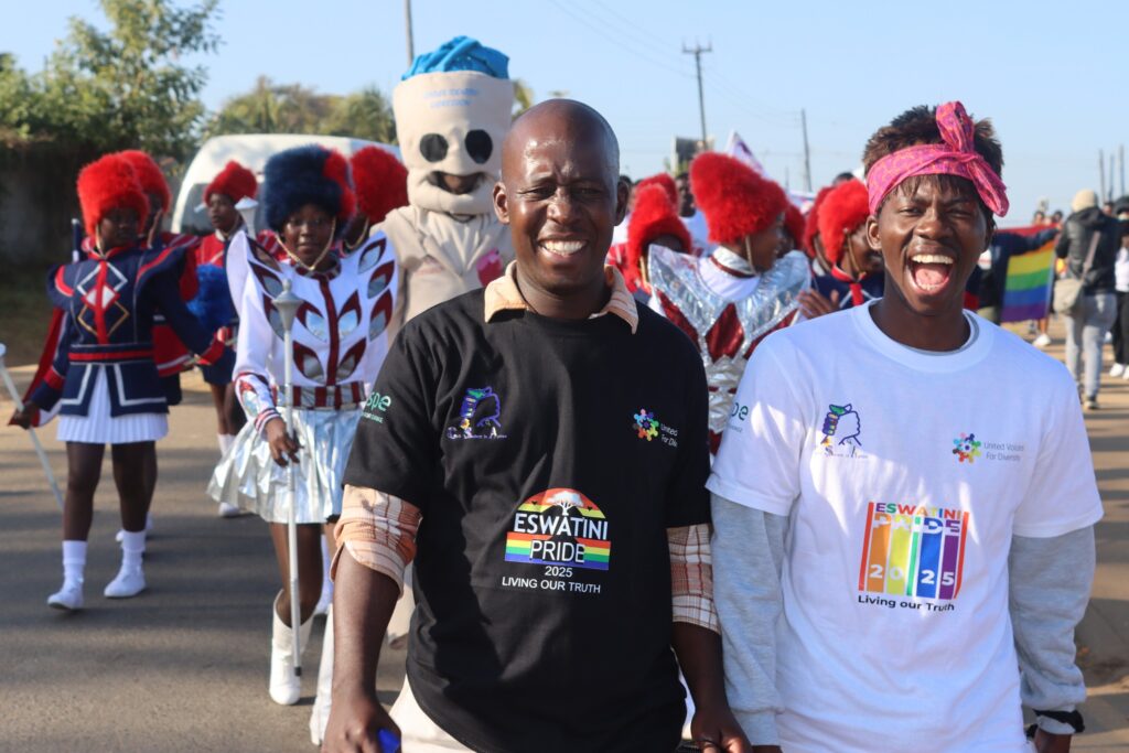 Gogo and S’lwane Slimbee stand proudly at the SNAT Centre during Eswatini Pride 2024, representing intergenerational support within the LGBTQI+ community. Photo by UNDP