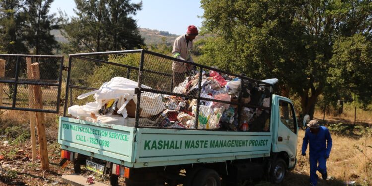 Community youth involved in daily waste collection activities under the KaShali Waste Management Project, supported by the Eswatini Environment Fund.