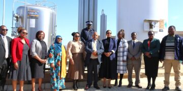 Health Minister Mduduzi Matsebula with government officials and development partners at the commissioning of the new medical Liquid Oxygen infrastructure at Manzini Government Hospital.
