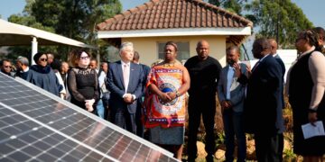 Minister of Labour and Social Security Phila Buthelezi, accompanied by the Ambassador of the Republic of China (Taiwan) to Eswatini, hands over trade testing equipment to officials from VOCTIM and ECOT as part of efforts to strengthen technical training and vocational certification.