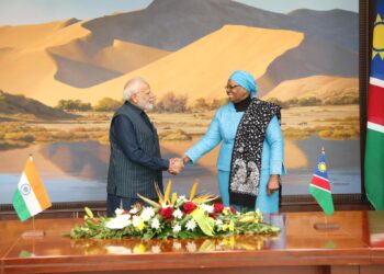 Namibia’s President Netumbo Nandi-Ndaitwah pictured with Indian Prime Minister Narendra Modi during the official signing ceremony held in Windhoek.