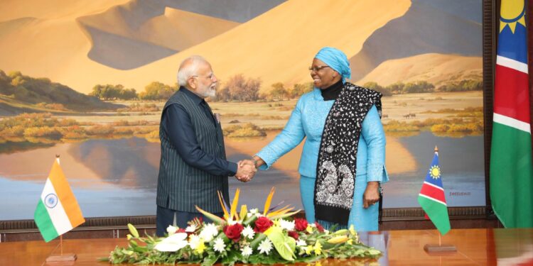 Namibia’s President Netumbo Nandi-Ndaitwah pictured with Indian Prime Minister Narendra Modi during the official signing ceremony held in Windhoek.