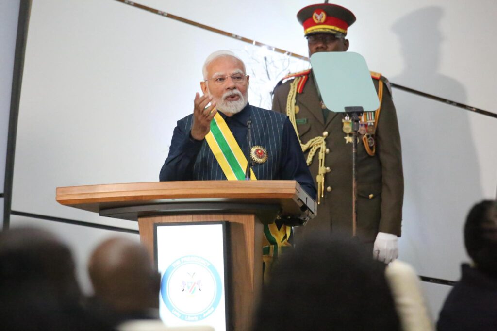 Indian Prime Minister Narendra Modi addresses Namibians during his official state visit, speaking on deepening ties between the two nations.