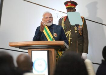 Indian Prime Minister Narendra Modi addresses Namibians during his official state visit, speaking on deepening ties between the two nations.