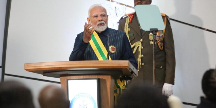 Indian Prime Minister Narendra Modi addresses Namibians during his official state visit, speaking on deepening ties between the two nations.