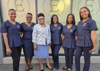 Minister of Tourism Jane Mkhonta-Simelane poses with some of the masseuses and staff at Eclat Spa during the opening ceremony in Matsapha Link. Photo by Eswatini Tourism