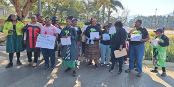 Members of the Swaziland Rural Women's Assembly march in solidarity during a protest held on Friday, July 18, 2025,