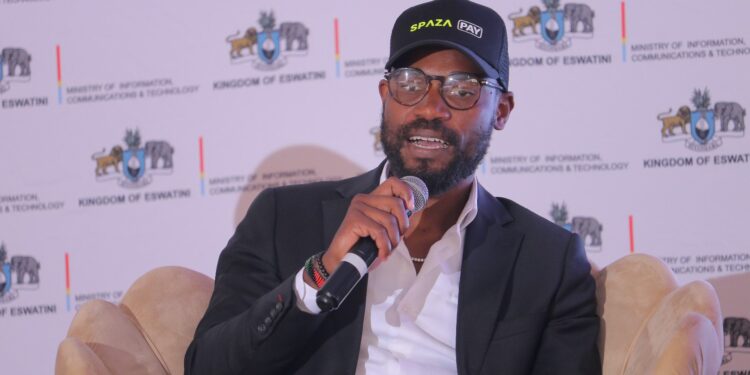 Talifhani Banks delivering a keynote address encouraging Eswatini youth to embrace AI as a tool for business and innovation.