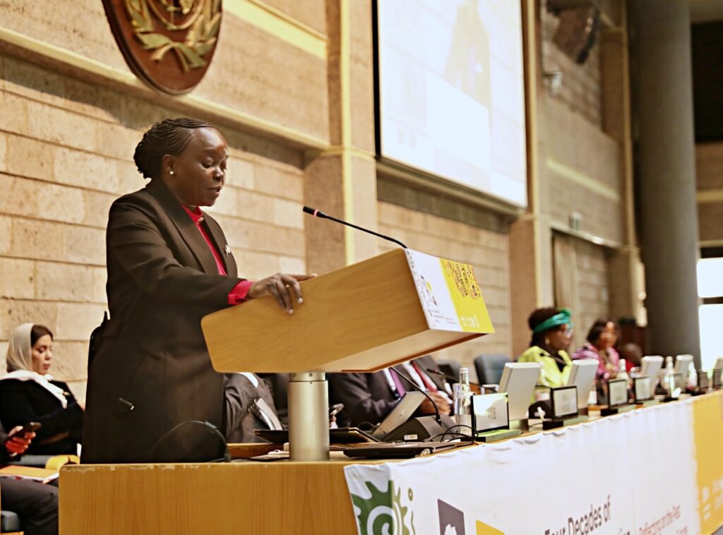 Kenya’s Environment Cabinet Secretary, Dr. Deborah Barasa, addressing African ministers and environmental leaders during the AMCEN@40 special session at the United Nations Office in Nairobi. Photo by AMCEN Secretariat
