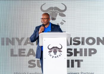 Minister of Commerce, Industry and Trade Manqoba Khumalo addressing business leaders during the Inyatsi Vision Leadership Summit in Mbabane.