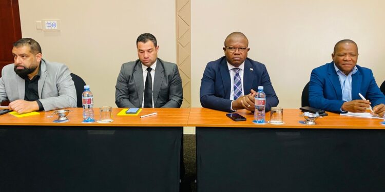 Minister of Commerce, Industry and Trade Manqoba Khumalo announcing Stefanutti Stocks as the contractor for the first phase of the Manzini Mall project during a press briefing in Manzini.