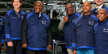 President Cyril Ramaphosa with BMW South Africa executives during the launch of the locally produced BMW X3 plug-in hybrid at the Rosslyn plant in Tshwane.
