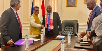 India’s Minister of State for External Affairs, Mr Pabitra Margherita, with Lesotho’s Prime Minister and senior government officials during a courtesy visit at State House, Maseru, on 22 July 2025.