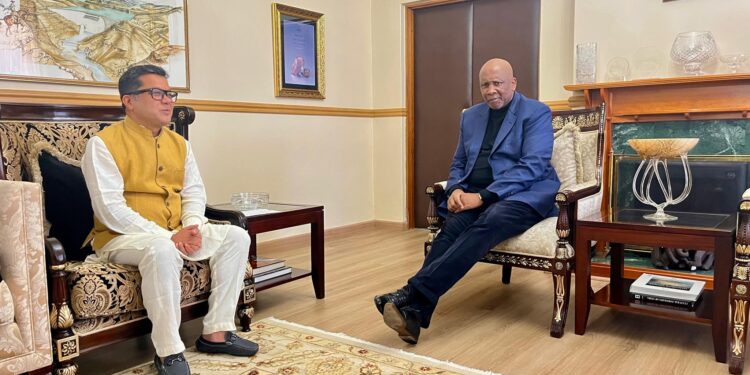 His Majesty King Letsie III with India’s Minister of State for External Affairs, Mr Pabitra Margherita, during a courtesy visit at the Royal Palace in Maseru on 22 July 2025.